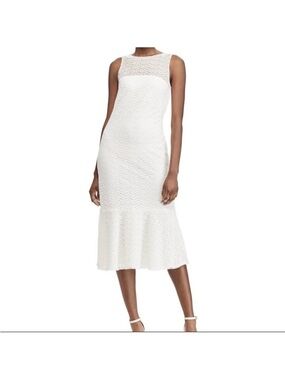 Lauren Ralph Lauren White Lace Sleeveless Midi Dress with Flounce Hem